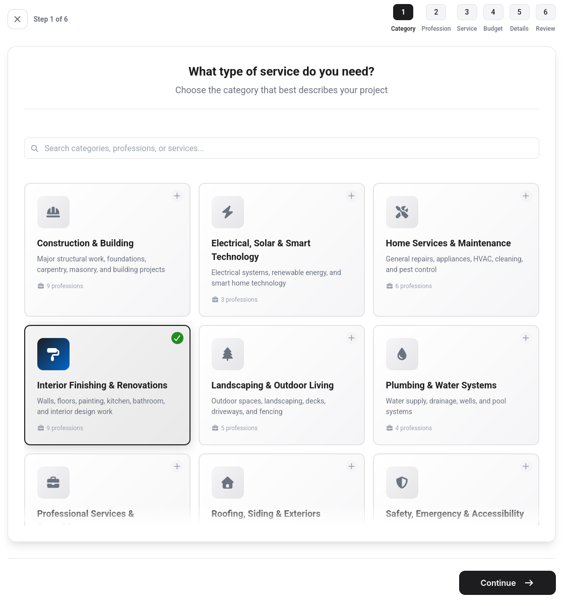 Quote request wizard interface showing service selection and project details