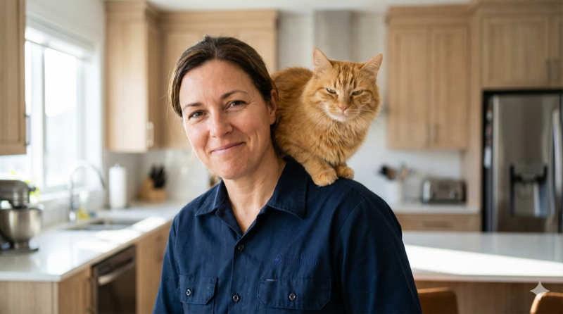 Happy homeowner with cat after HVAC service