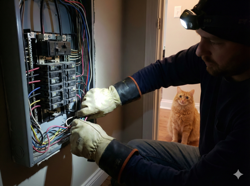 Professional electrician working on breaker panel